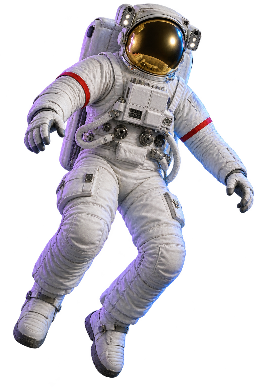 Astronauta com traje branco e visor dourado flutuando no espaço